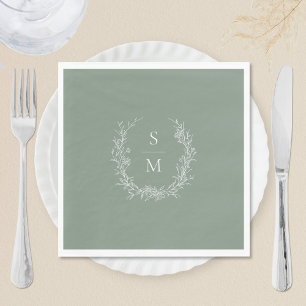 Elegant Botanical Monogram Sage Green Wedding Napkin