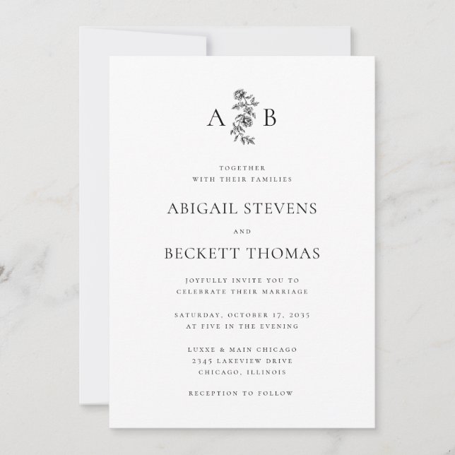 Elegant Botanical Monogram Wedding Invitation (Front)