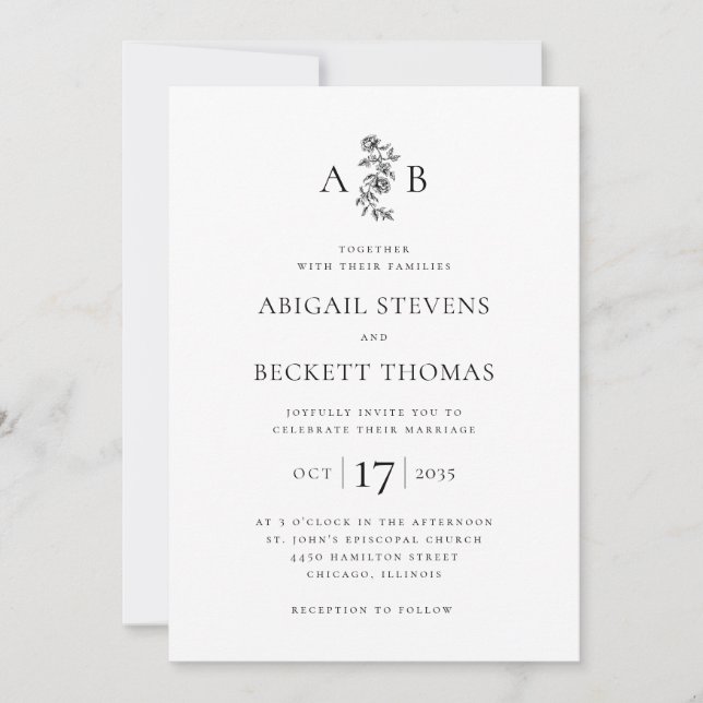 Elegant Botanical Monogram Wedding Invitation (Front)