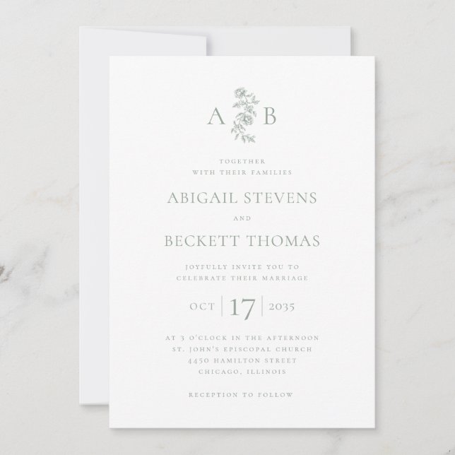 Elegant Botanical Monogram Wedding Invitation (Front)