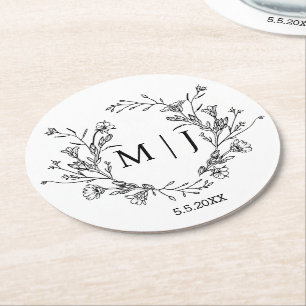 elegant botanical monogram wedding simple round paper coaster