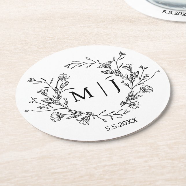 elegant botanical monogram wedding simple round paper coaster (Angled)