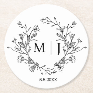 elegant botanical monogram wedding simple round paper coaster