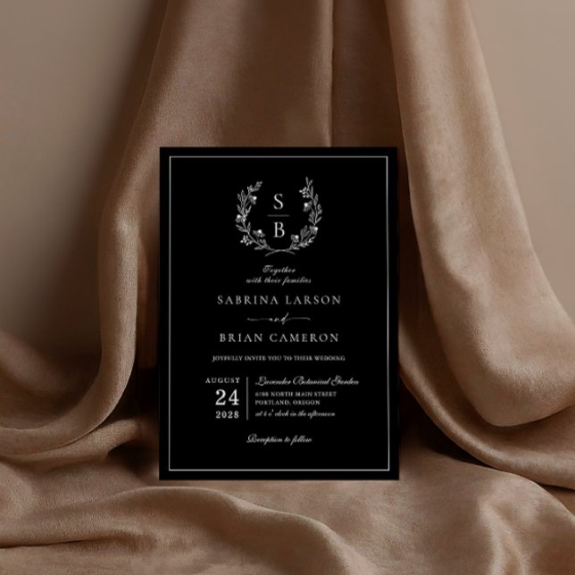 Elegant Botanical Monogram Wreath Black Wedding Invitation (Creator Uploaded)