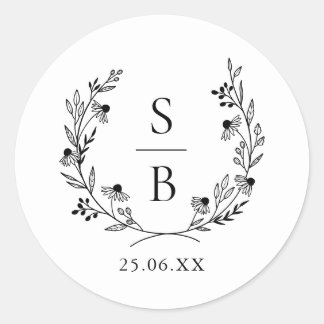 Elegant Botanical Monogram Wreath Wedding Classic Round Sticker
