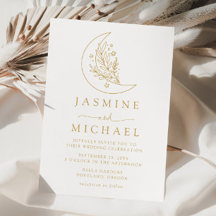 Elegant Botanical Moon and Stars Gold Wedding Invitation