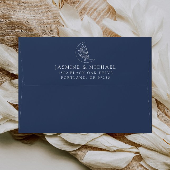 Elegant Botanical Moon and Stars Navy Wedding Envelope (Creator Uploaded)