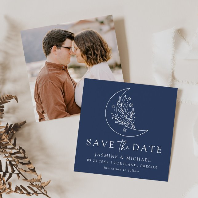 Elegant Botanical Moon and Stars Navy Wedding Save The Date (Creator Uploaded)