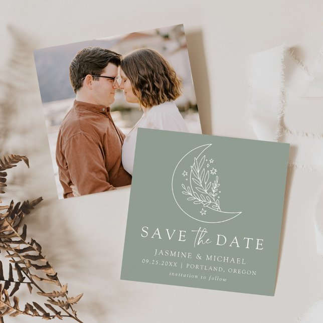 Elegant Botanical Moon and Stars Sage Green Save The Date (Creator Uploaded)