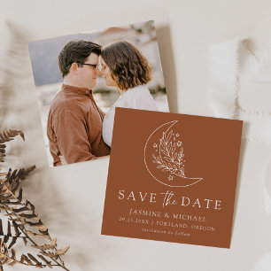 Elegant Botanical Moon and Stars Terracotta Save The Date