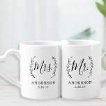 Elegant Botanical Mr. and Mrs. Newlyweds Coffee Mug Set<br><div class="desc">Custom-designed coffee/tea mug set for the bride and groom to be featuring elegant rustic laurel wreath and modern hand calligraphy with editable family name and wedding date. This personalised mug set is not only a memorable wedding gift for anniversaries, bridal shower, and weddings, but also a perfect personalised gift for...</div>