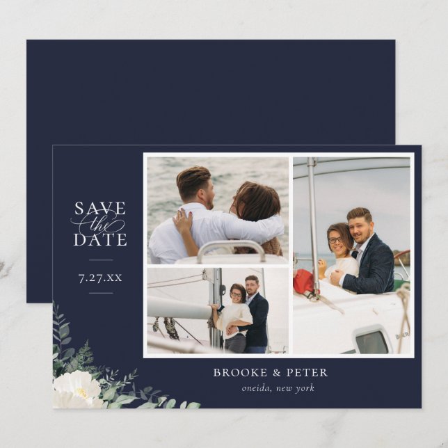 Elegant Botanical Navy Blue Flat Save The Date (Front/Back)