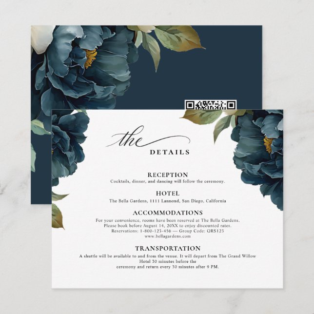 Elegant Botanical Navy Blue Wedding Code RQ RSVP Enclosure Card (Front/Back)