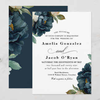 Elegant Botanical Navy Blue Wedding Invitation