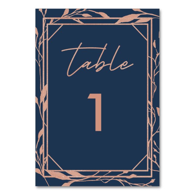Elegant Botanical Navy & Rose Gold Wedding Table Number (Front)