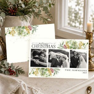 Elegant Botanical Newlywed Christmas Photo Holiday Card