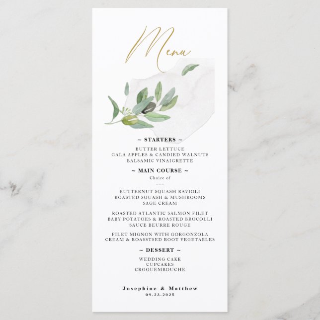 Elegant Botanical Olive Branch Calligraphy Script Menu (Front)