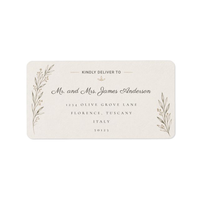 Elegant Botanical Olive Branch Wedding Address  Label (Front)