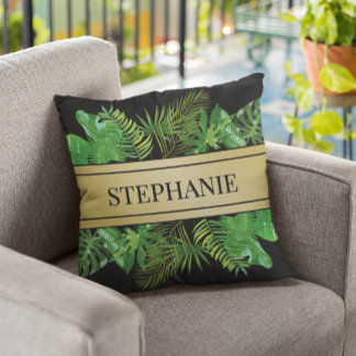 Elegant Botanical Palm Green Faux Gold Pattern Cushion