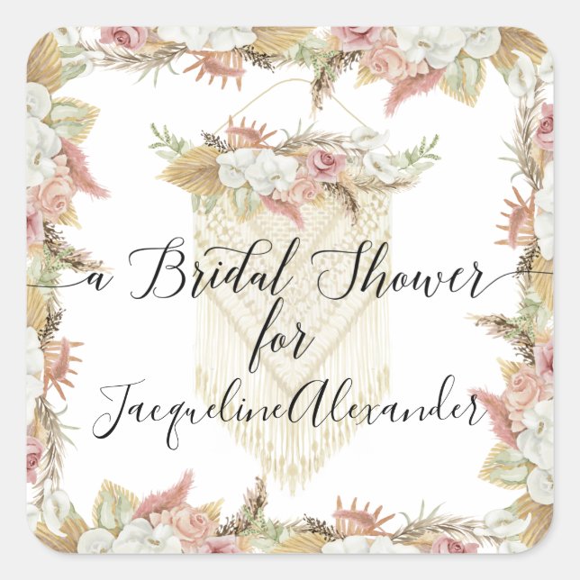 Elegant Botanical Pampas Greenery Floral Bridal Square Sticker (Front)