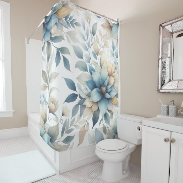 Elegant Botanical Pastel Blue Yellow  Shower Curtain (In Situ)