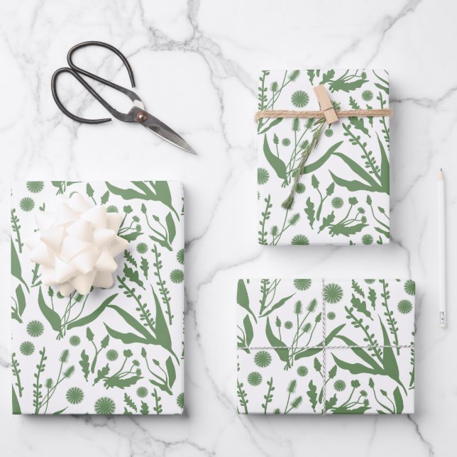 Elegant Botanical Pattern Sage Green Wrapping Paper Sheet (Front)