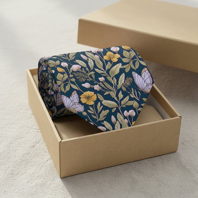 Elegant Botanical Pattern with Butterflies on Dark Tie (Elegant Botanical Pattern with Butterflies on Dark Neck Tie #botanical #darknecktie #floraltie)