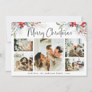 Elegant Botanical & Photo Collage Red Christmas Holiday Card