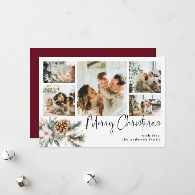 Elegant Botanical & Photo Collage Red Christmas Holiday Card (Front/Back In Situ)