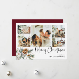 Elegant Botanical & Photo Collage Red Christmas Holiday Card