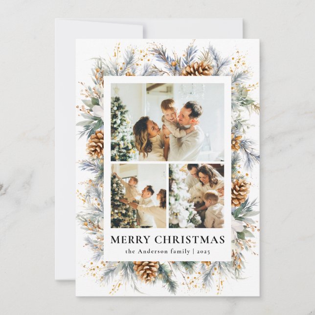 Elegant Botanical Photo Frame Merry Christmas Holiday Card (Front)