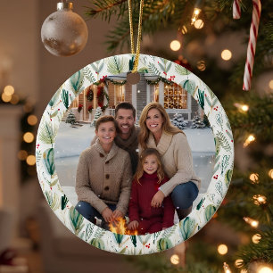 Elegant Botanical Pine Family Photo Christmas Ceramic Ornament
