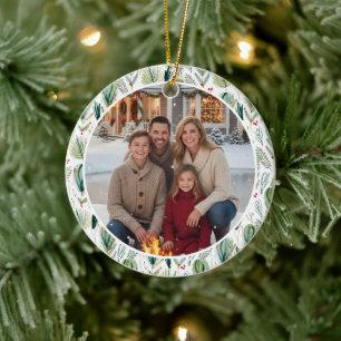 Elegant Botanical Pine Family Photo Christmas Ceramic Ornament
