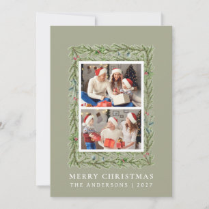 Elegant Botanical Pine Wreath Christmas 2 Photo Holiday Card