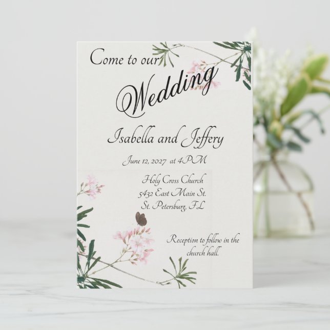 Elegant Botanical Pink Blossom with Butterfly Invi Invitation (Standing Front)