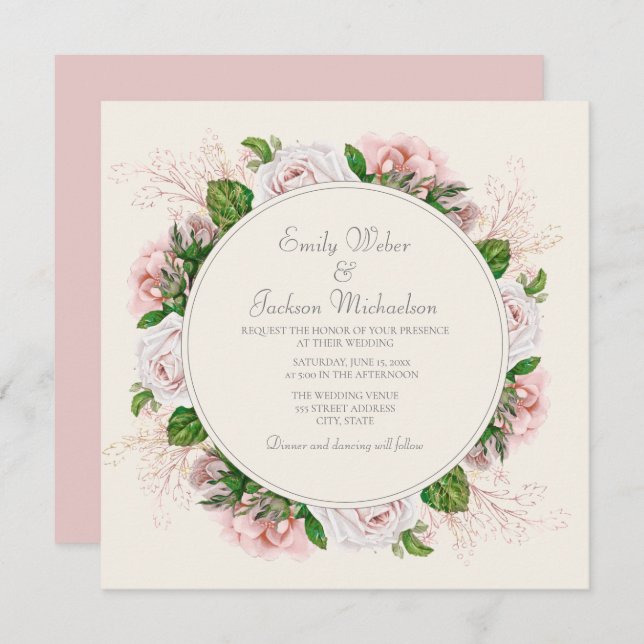 Elegant Botanical Pink Floral Roses Cream Wedding Invitation (Front/Back)