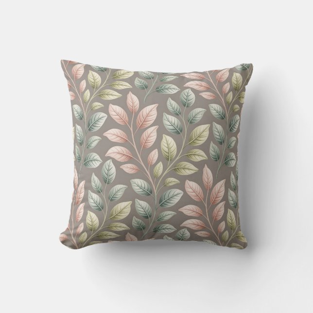 Elegant Botanical Pink & Sage Leaf Pattern Cushion (Front)