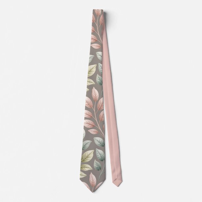 Elegant Botanical Pink & Sage Leaf Pattern Tie (Front)