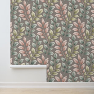 Elegant Botanical Pink & Sage Leaf Pattern Wallpaper