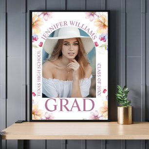 elegant botanical pink script photo graduate poster
