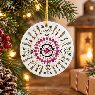 Elegant Botanical Pressed Flower Mandala Christmas Ceramic Ornament