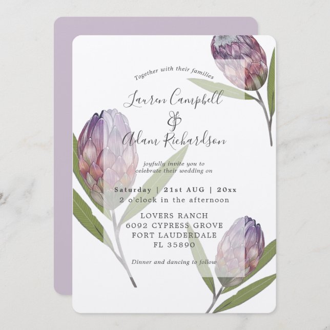 Elegant Botanical Protea Purple Wedding Invitation (Front/Back)