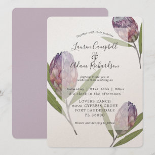 Elegant Botanical Protea Purple Wedding Invitation