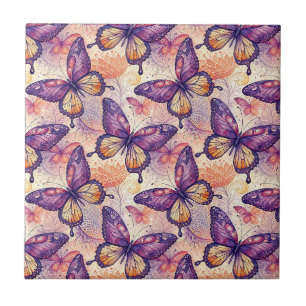 Elegant Botanical Purple Butterfly Floral Pattern Ceramic Tile
