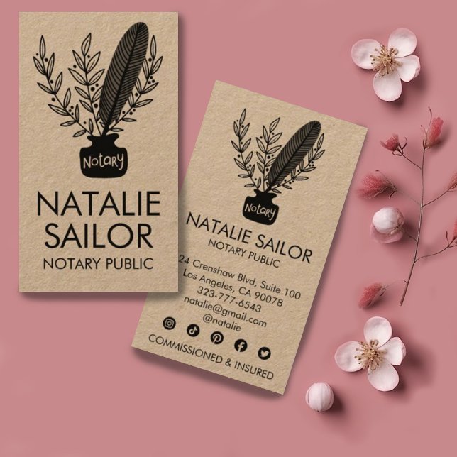 Elegant Botanical Quill Logo Notary Public Kraft  Business Card (Creator Uploaded)