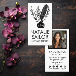 Elegant Botanical Quill Logo Notary Public PHOTO Business Card