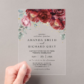 Elegant Botanical Red and Gold Floral Wedding Acrylic Invitations