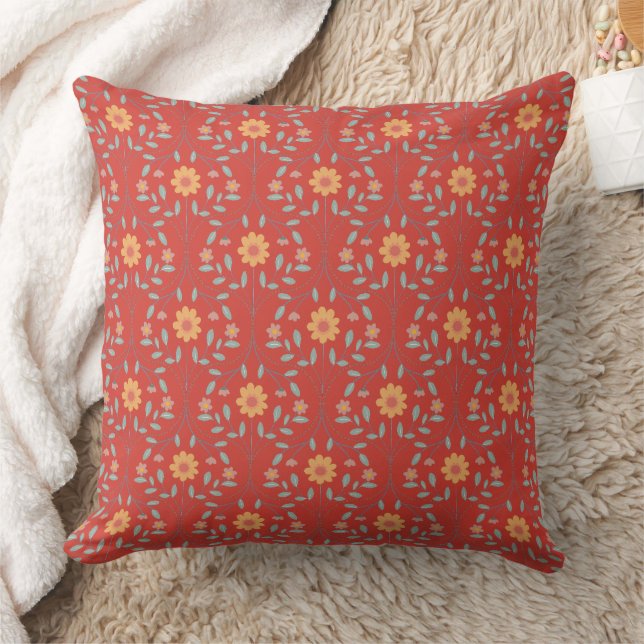 Elegant Botanical Red Spring Floral Pattern Cushion (Blanket)
