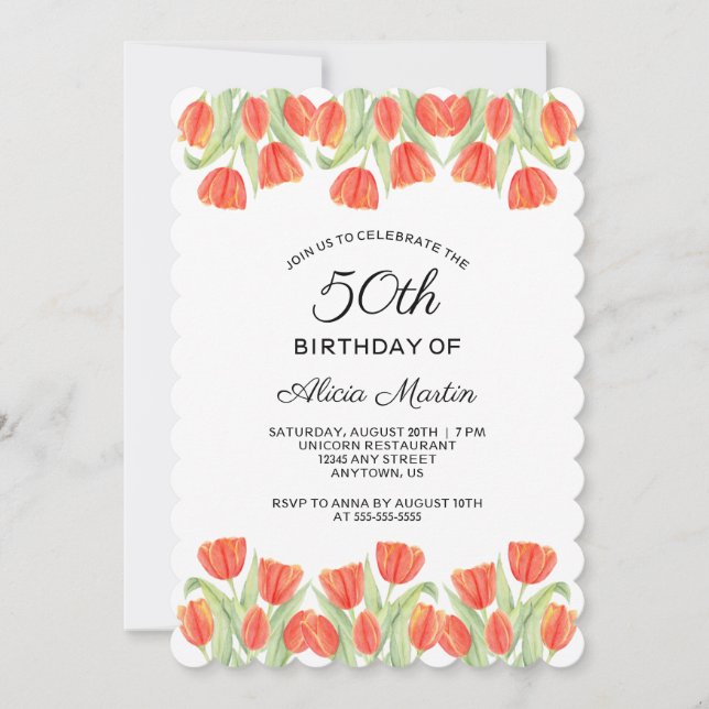  Elegant Botanical Red Tulip 50th Birthday Invitation (Front)