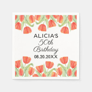 Elegant Botanical Red Tulip 50th Birthday Napkin